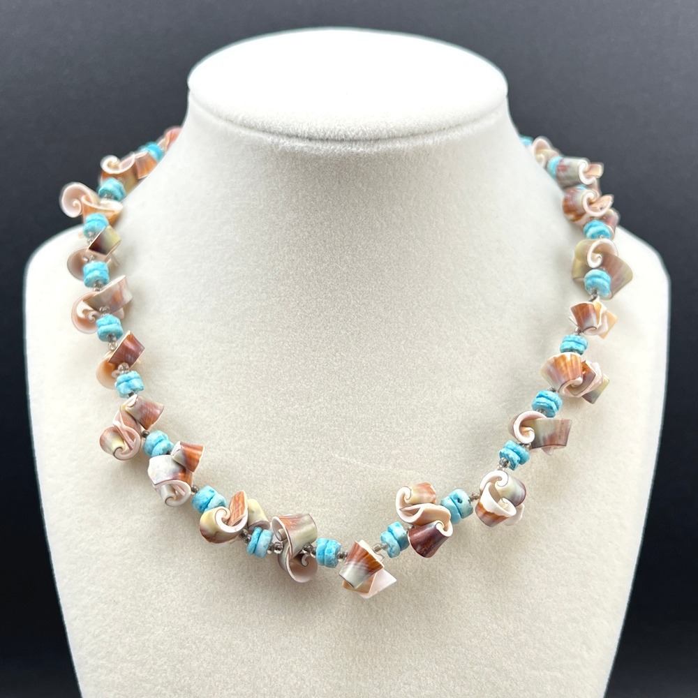 Boho Shell Necklace Blue Brown White Spiral Beachy 17" - Picture 1 of 7